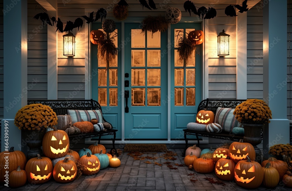 Fototapeta premium Spooky Halloween Doorway: An inviting home entrance transforms with the spooky charm of Halloween, glowing with carved pumpkins and festive decorations, creating a welcoming and eerie atmosphere.