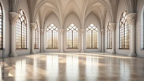 Large bright hall in gothic style. Luxury empty interior