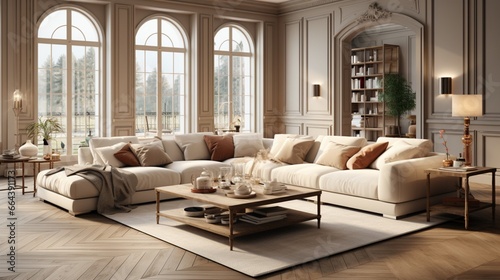 Luxurious corner beige sofa and poufs in a classic apartment Scandinavian-style interior design for a modern living room © Newton