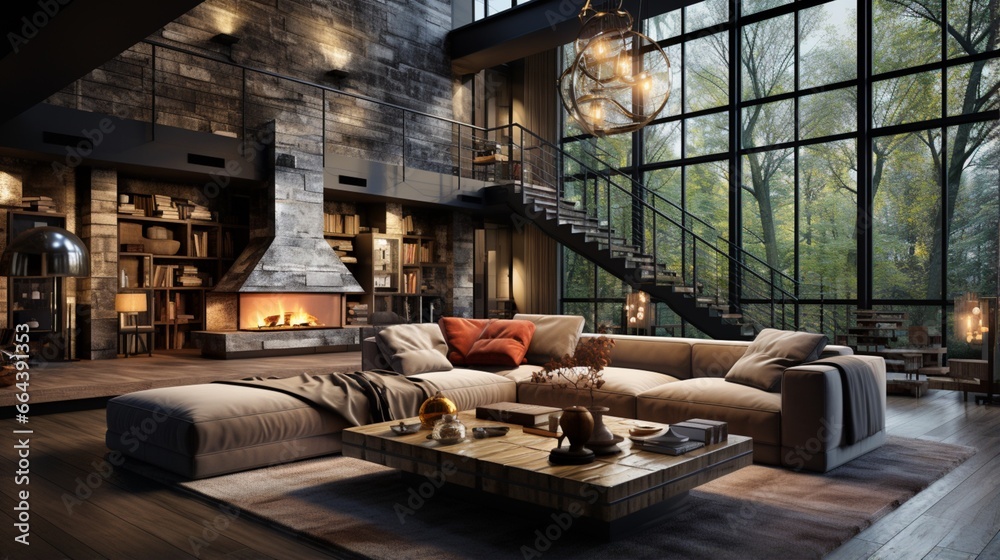 Luxurious loft-style interior design for a modern living room