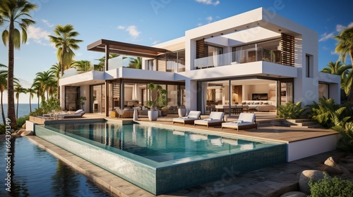 Luxurious seaside house on the sea shore, surrounded by palm trees Exterior view of an amazing modern minimalist cubic villa with a large swimming pool