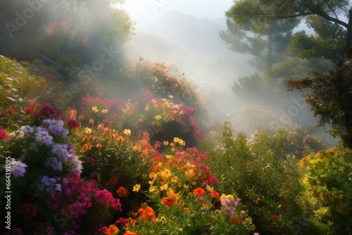 A heavenly scene with colorful flowers and greenery. Generative AI © Charles