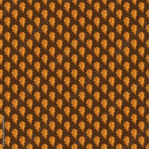 Seamless pattern of golden yellow oak leaves on a brown background. Design element.