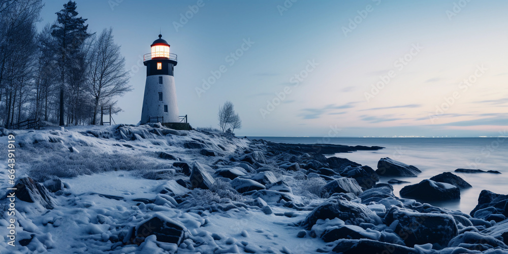 Abandoned lighthouse in a snowy landscape, evening setting, lights off, surrounded by barren trees, snowflakes in the air, icy sea in the background,