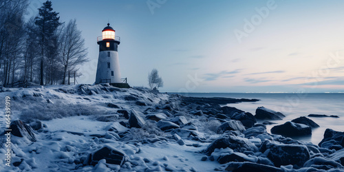 Abandoned lighthouse in a snowy landscape, evening setting, lights off, surrounded by barren trees, snowflakes in the air, icy sea in the background,
