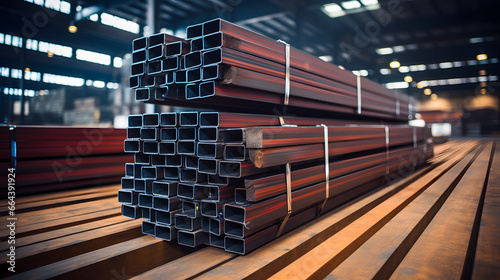 Steel in industrial warehouse, beam, pipe, steel plate