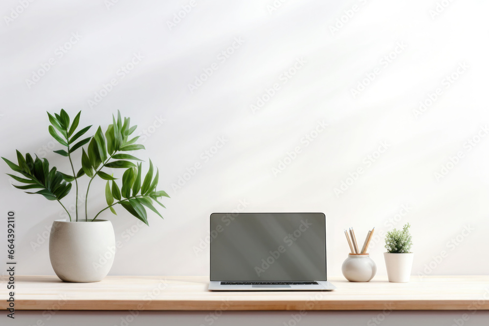 Minimalist simple office workspace with a laptop and a potted plant in soft natural light. Generative AI Minimalist simple office workspace with a laptop and a potted plant in soft natural light. Generative AI