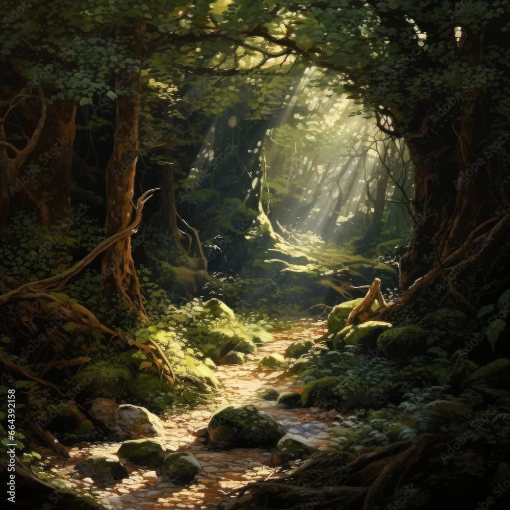 Very Dense Forest Light Shining Through Branches, Cosy Ambiance Very Dense Forest Light Shining Through Branches, Cosy Ambiance