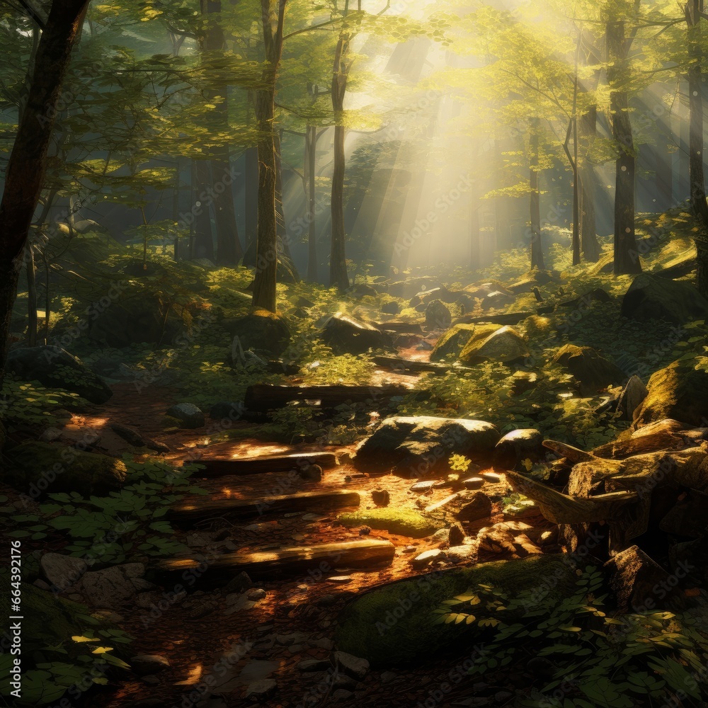 Very Dense Forest Light Shining Through Branches, Cosy Ambiance Very Dense Forest Light Shining Through Branches, Cosy Ambiance