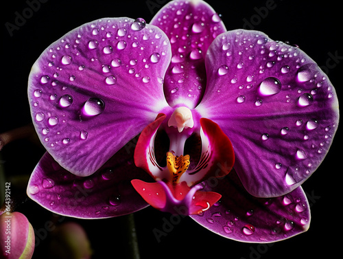 macro shot of a vibrant purple Phalaenopsis orchid, dewdrops on petals, black background, focus stacked, dramatic lighting photo