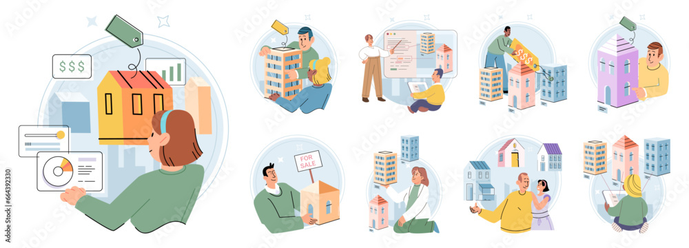 Real estate search. Vector illustration The mortgage loenabled individuals to purchase their desired residential property The real estate search concept helped people in finding their ideal home