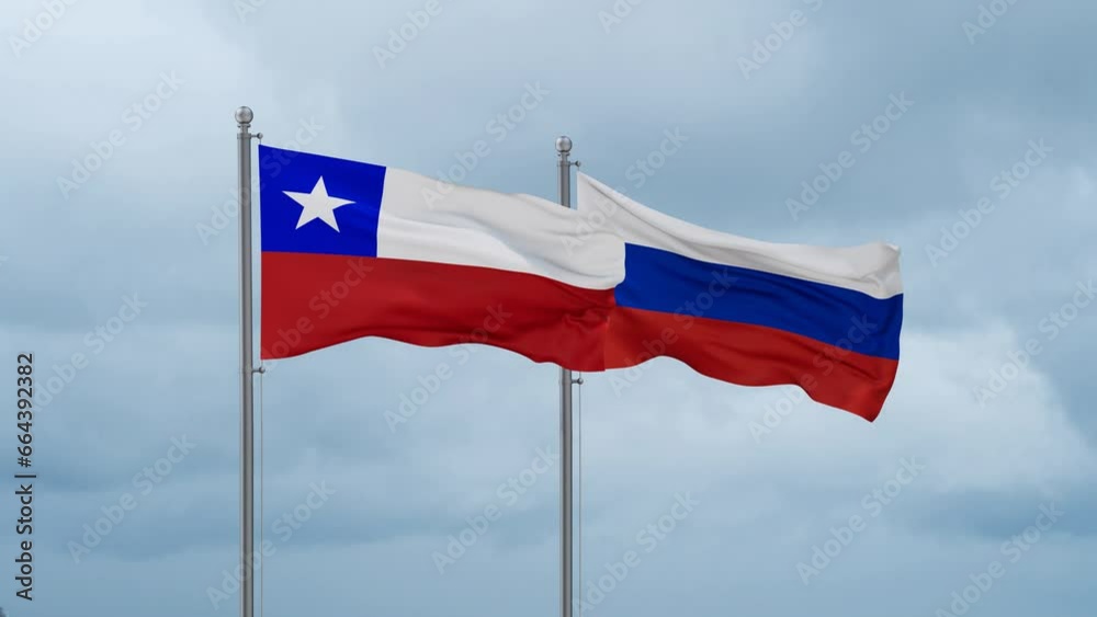 Russian Federation and Chile flag waving together on cloudy sky, endless seamless loop Russian Federation and Chile flag waving together on cloudy sky, endless seamless loop