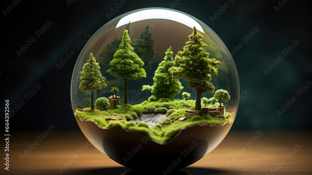 Glass globe with forest inside. Green planet, environmental conservation concept. Glass globe with forest inside. Green planet, environmental conservation concept.