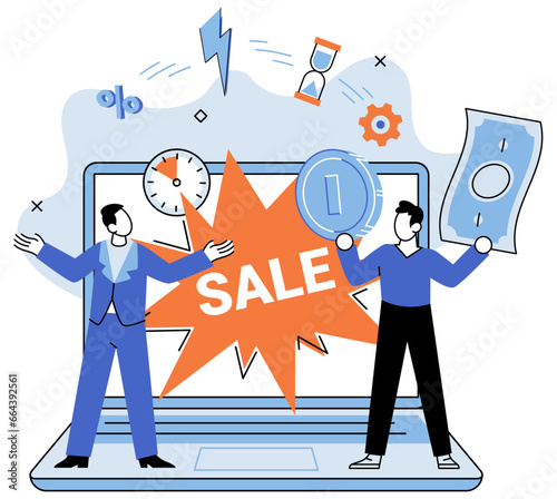 Promotion discount sale. Vector illustration. Flash sale online, sprint in marathon of e-commerce Sales index, seismograph detecting market shifts Forecast of future sales, oracle revealing business