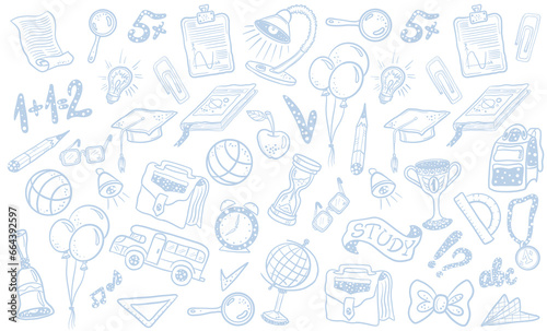 Studying at school sketch doodle. Light yearbook background. Vector hand drawn.