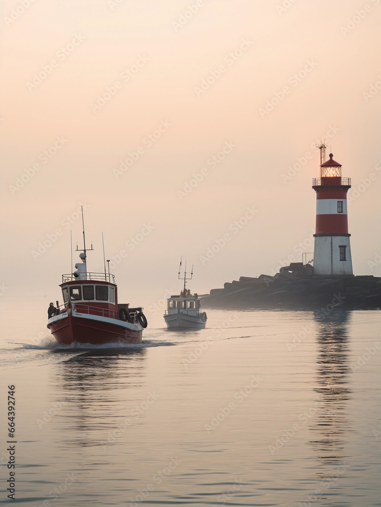 Pair of lighthouses at a busy harbor entrance, ships and boats passing by, city skyline in the background, early morning mist Pair of lighthouses at a busy harbor entrance, ships and boats passing by, city skyline in the background, early morning mist
