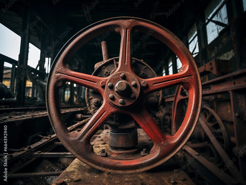 Steam engine driving wheel, rusty, textured, shot in HDR, historic train yard