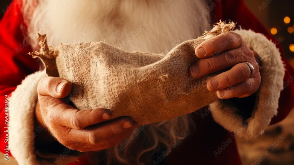 Old-Fashioned Burlap Christmas Stocking with Santa Claus Holding it Up Close Up on Isolated White Background
