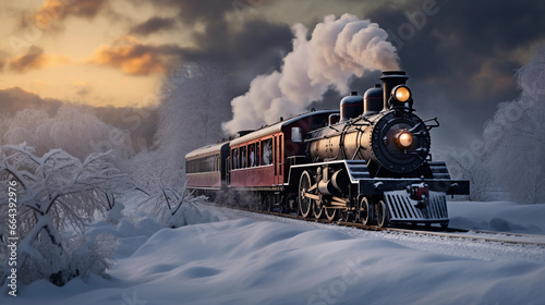 Steam engine in a snowy landscape, smoke mixing with falling snow, atmospheric, magical