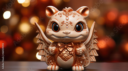  small cute baby dragon with a gift box on a background of lights, new year, symbol 2024, chinese calendar, christmas tree toy, eve, holiday, ribbon, bow, figurine, dinosaur, mythical animal, gold © Julia Zarubina