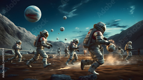 Astronauts competing in a cosmic football match