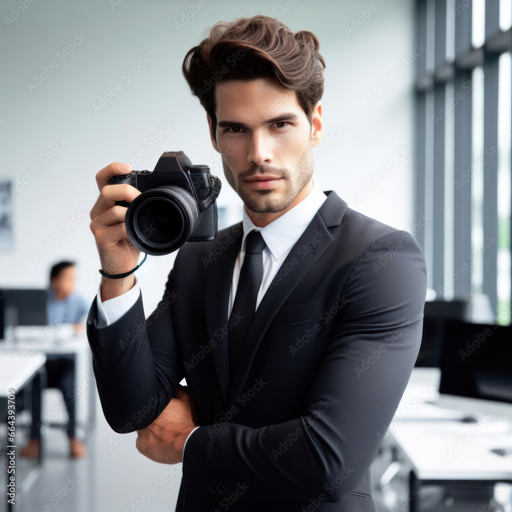 businessman confidently holds a camera in office, his demeanor exuding readiness to capture key moments and imagery within the office environment businessman confidently holds a camera in office, his demeanor exuding readiness to capture key moments and imagery within the office environment