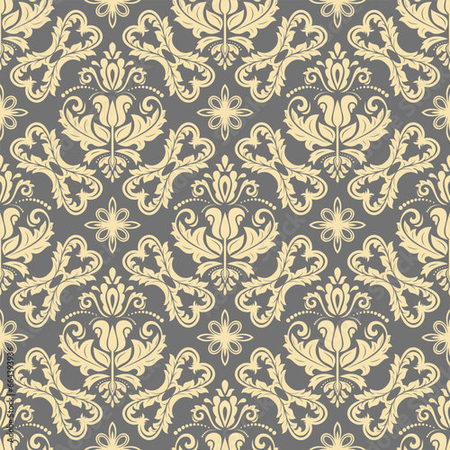 Classic seamless vector pattern. Damask orient ornament. Classic vintage gray and golden background. Orient pattern for fabric  wallpapers and packaging