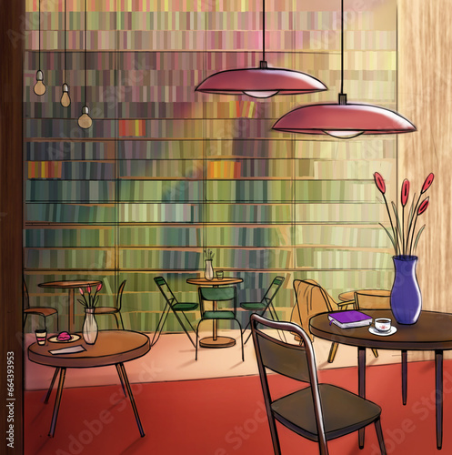beautifull colorful empty library coffee shop, book house  interior illustration  (ID: 664393953)
