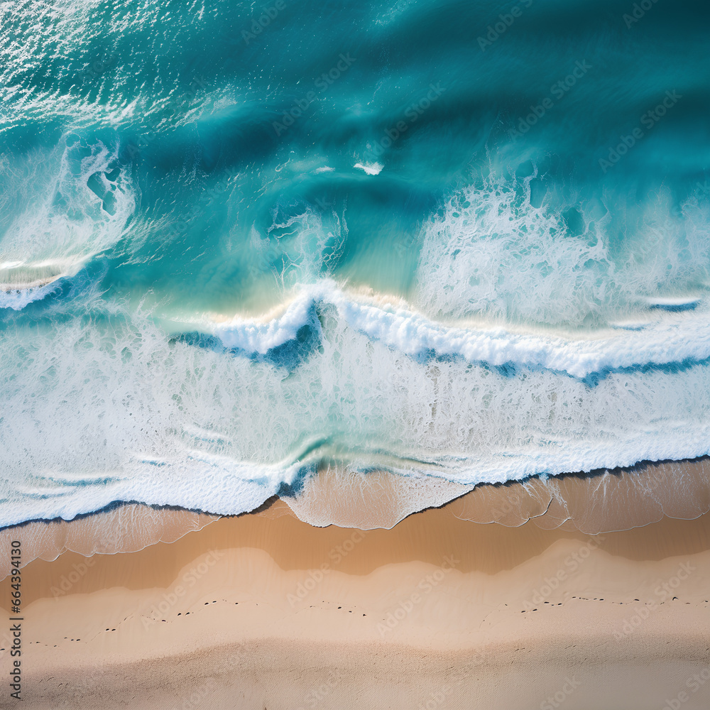 Beach on aerial drone top view with waves hitting the beach. Top view aerial shot taken from a flying drone of an incredibly gorgeous seascape. Ocean Wallcovering. Generative AI