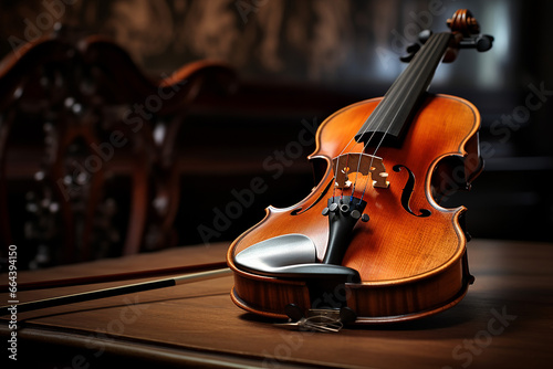 Violin on wooden table in the interior of the classical music room