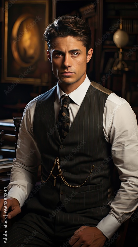 Portrait of young man sitting at his desk in the office. Man portrait illustration. Generative AI