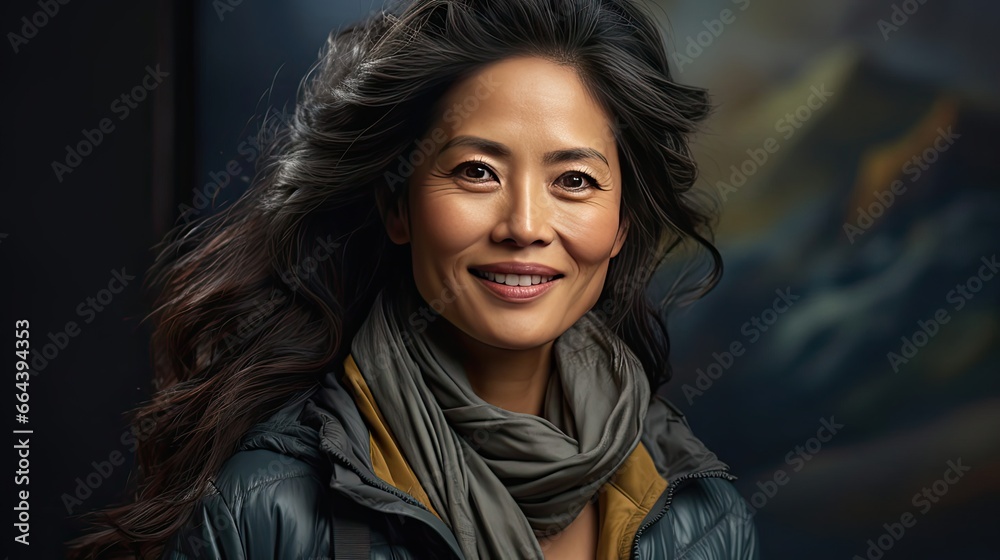 Beautiful Mature Asian Woman Smiles Broadly In Studio. Right Side Tonned Closed-Up Portrait. Model portrait illustration. Generative AI Beautiful Mature Asian Woman Smiles Broadly In Studio. Right Side Tonned Closed-Up Portrait. Model portrait illustration. Generative AI