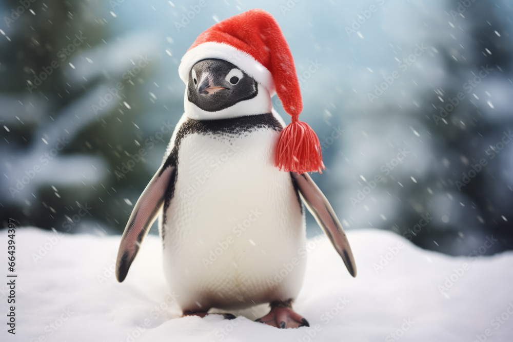 Cute little festive penguin wearing a Father Christmas santa hat Cute little festive penguin wearing a Father Christmas santa hat