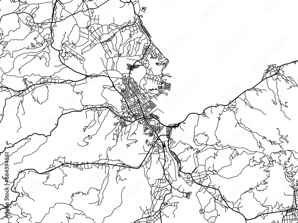 Obraz premium Vector road map of the city of Amakusa in Japan with black roads on a white background. 4:3 aspect ratio.