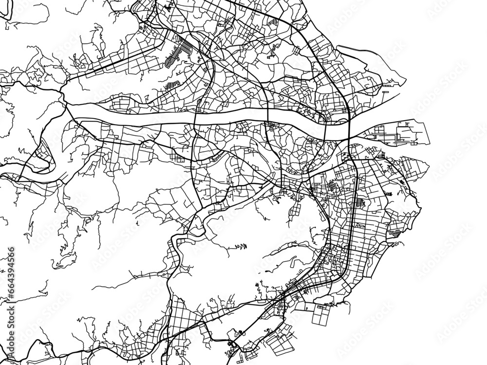 Vector road map of the city of  Anan in Japan with black roads on a white background. 4:3 aspect ratio.