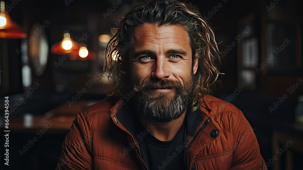 Portrait of young handsome hipster man with beard smiling laughing looking at camera over background. Model portrait illustration. Generative AI Portrait of young handsome hipster man with beard smiling laughing looking at camera over background. Model portrait illustration. Generative AI