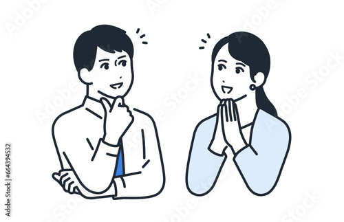 解決策をひらめく若い男女の会社員のシンプルなベクターイラストセット素材
