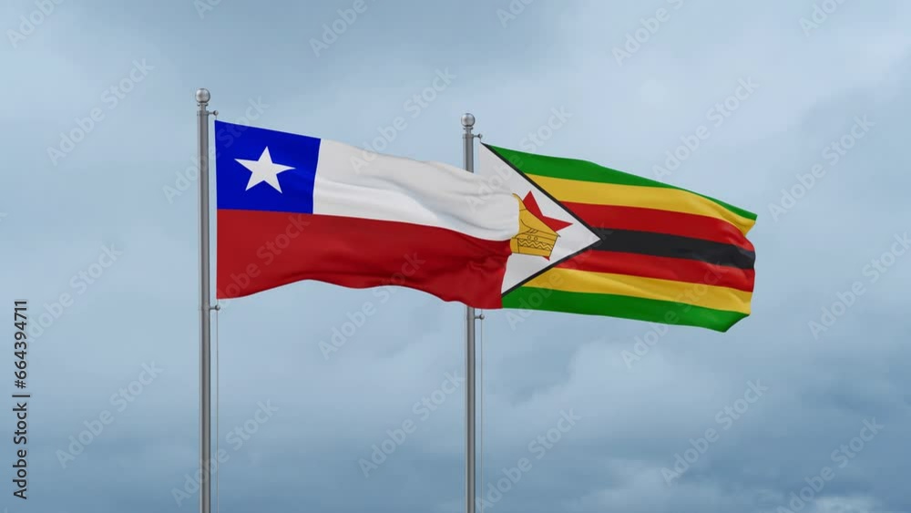 Zimbabwe and Chile flag waving together on cloudy sky, endless seamless loop, two country cooperation concept Zimbabwe and Chile flag waving together on cloudy sky, endless seamless loop, two country cooperation concept