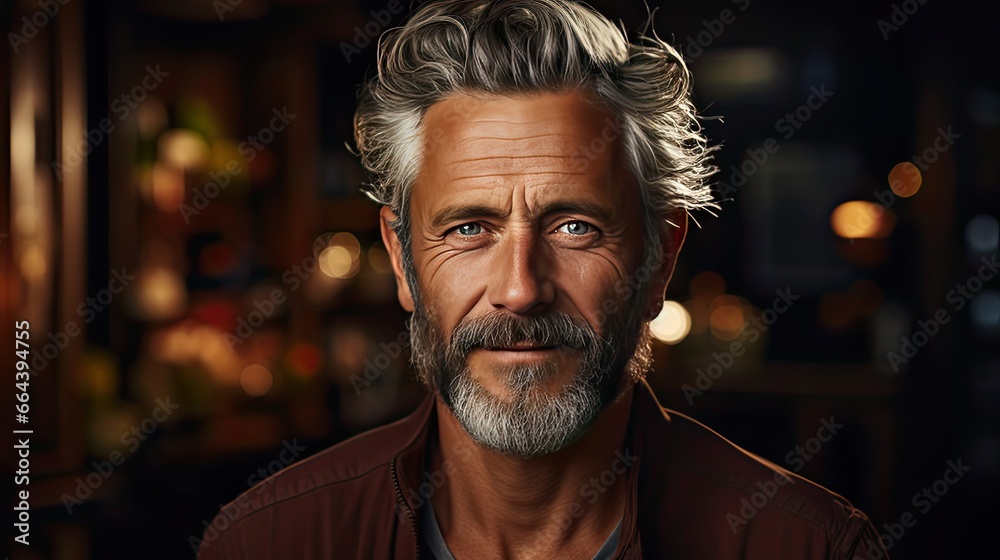 Portrait of smiling mature man standing on background. Model portrait illustration. Generative AI Portrait of smiling mature man standing on background. Model portrait illustration. Generative AI