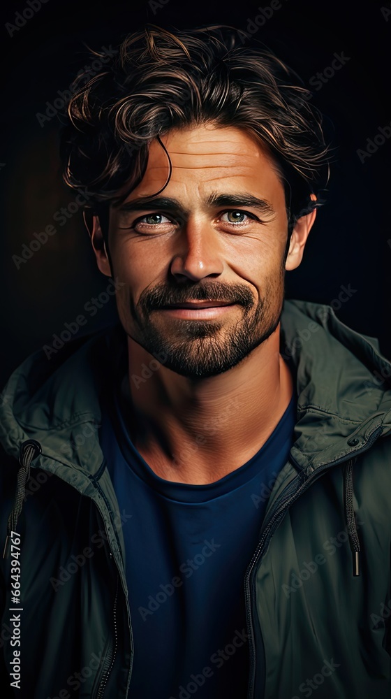 Young handsome man leaning against grey wall with arms crossed. Cheerful man laughing and looking at camera. Man face portrait illustration. Generative AI Young handsome man leaning against grey wall with arms crossed. Cheerful man laughing and looking at camera. Man face portrait illustration. Generative AI