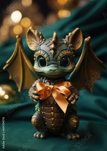 small cute baby dragon with a gift box on a background of lights  new year  symbol 2024  chinese calendar  christmas tree toy  eve  holiday  ribbon  bow  figurine  dinosaur  mythical animal  gold