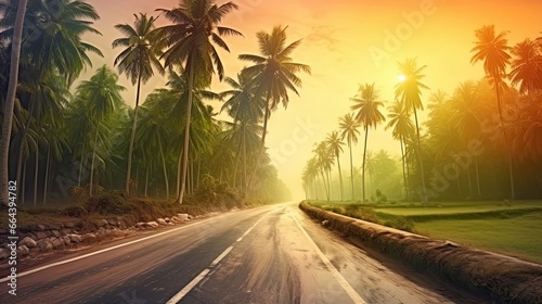 Coconut palms and road in tropical island with sunrise. Beautiful style illustration. Generative AI