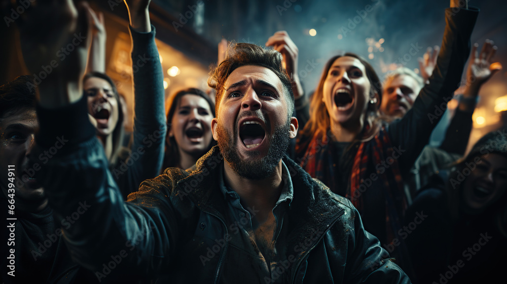 Group of Soccer Fans Watching a Live Football Match in a People Standing in Front of a TV, Cheering for Their Team. Player Scores a Goal and Crowd Celebrate Winning the Championship