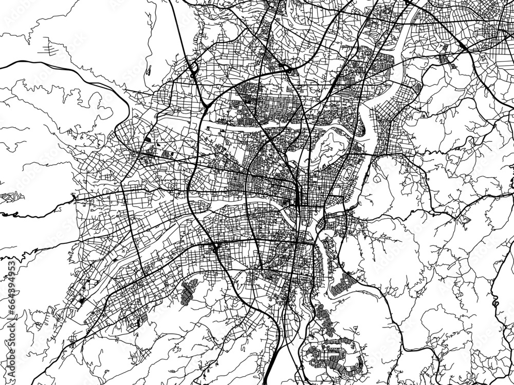 Obraz premium Vector road map of the city of Fukushima in Japan with black roads on a white background. 4:3 aspect ratio.