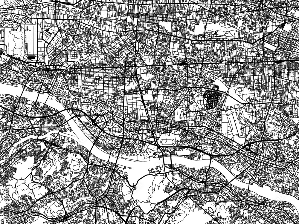 Fototapeta premium Vector road map of the city of Fuchu in Japan with black roads on a white background. 4:3 aspect ratio.