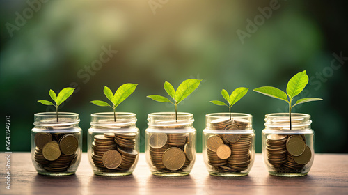 plant growing out of coins in glass jar with filter effect retro vintage style. Investment concept