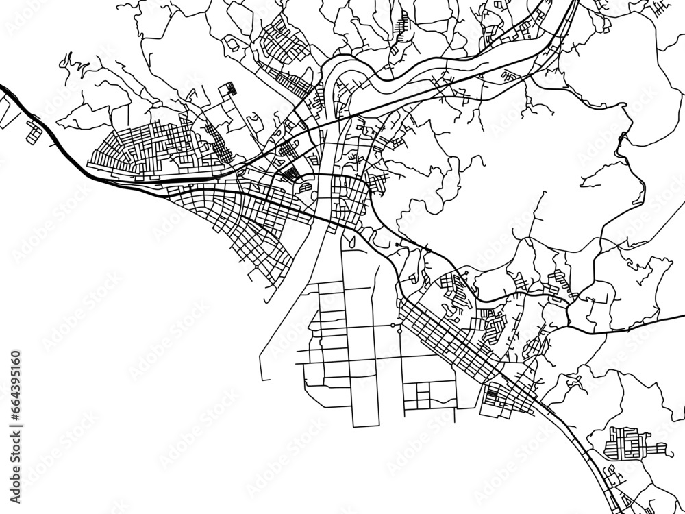 Vector road map of the city of Hikari in Japan with black roads on a white background. 4:3 aspect ratio. Vector road map of the city of Hikari in Japan with black roads on a white background. 4:3 aspect ratio.