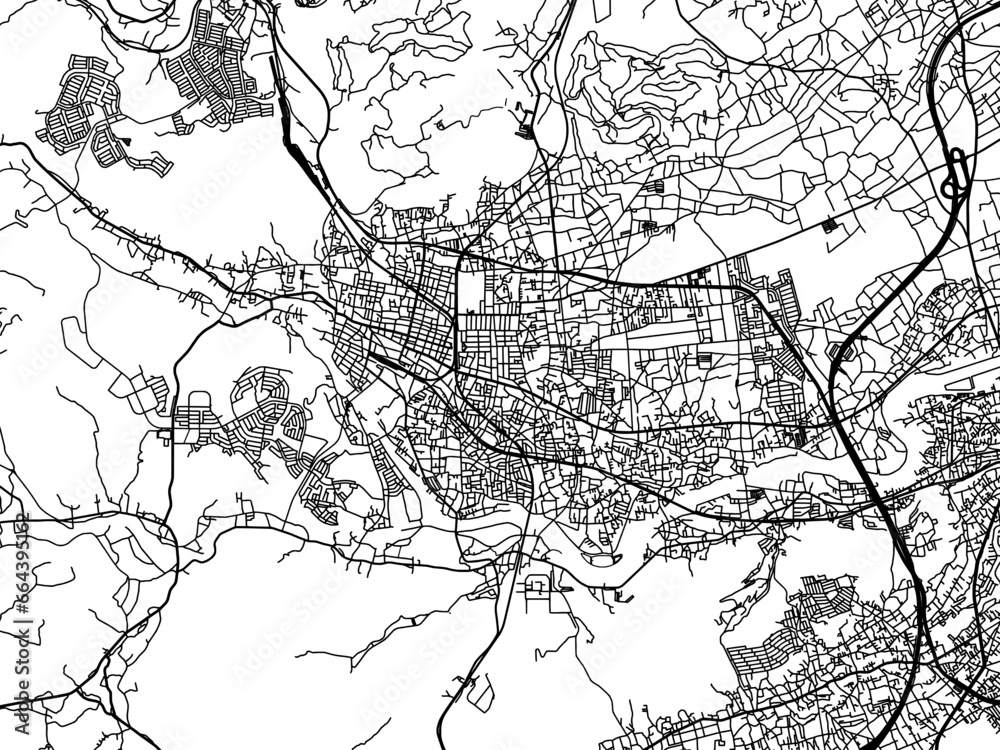 Naklejka premium Vector road map of the city of Hanno in Japan with black roads on a white background. 4:3 aspect ratio.