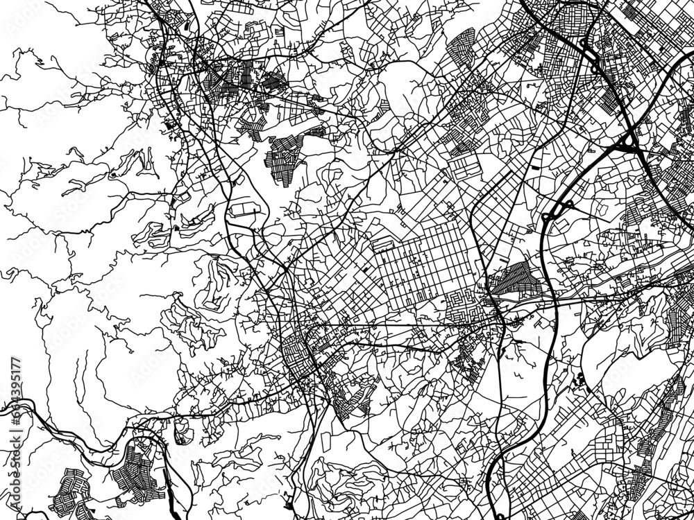 Vector road map of the city of  Hidaka in Japan with black roads on a white background. 4:3 aspect ratio.