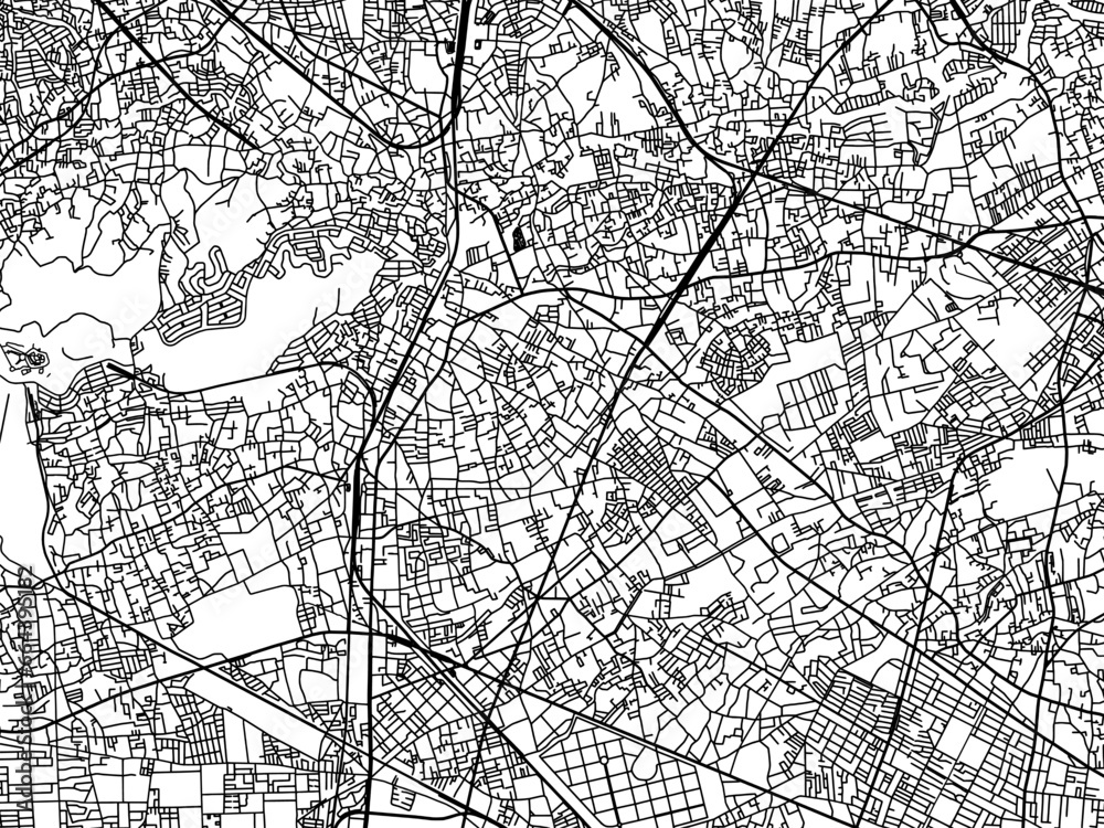 Fototapeta premium Vector road map of the city of Higashimurayama in Japan with black roads on a white background. 4:3 aspect ratio.